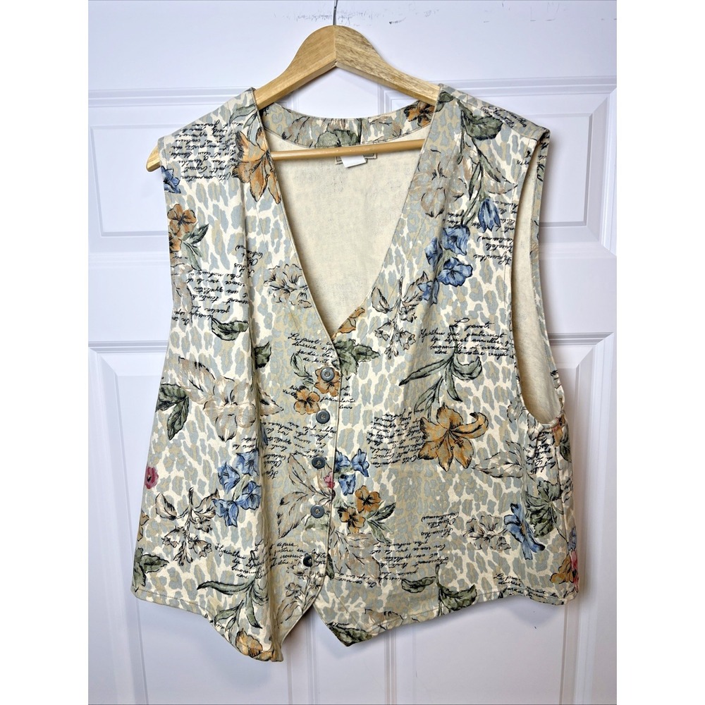 Vintage Stampede Vest Womens 3X Floral Script Writing Canvas Western Made USA